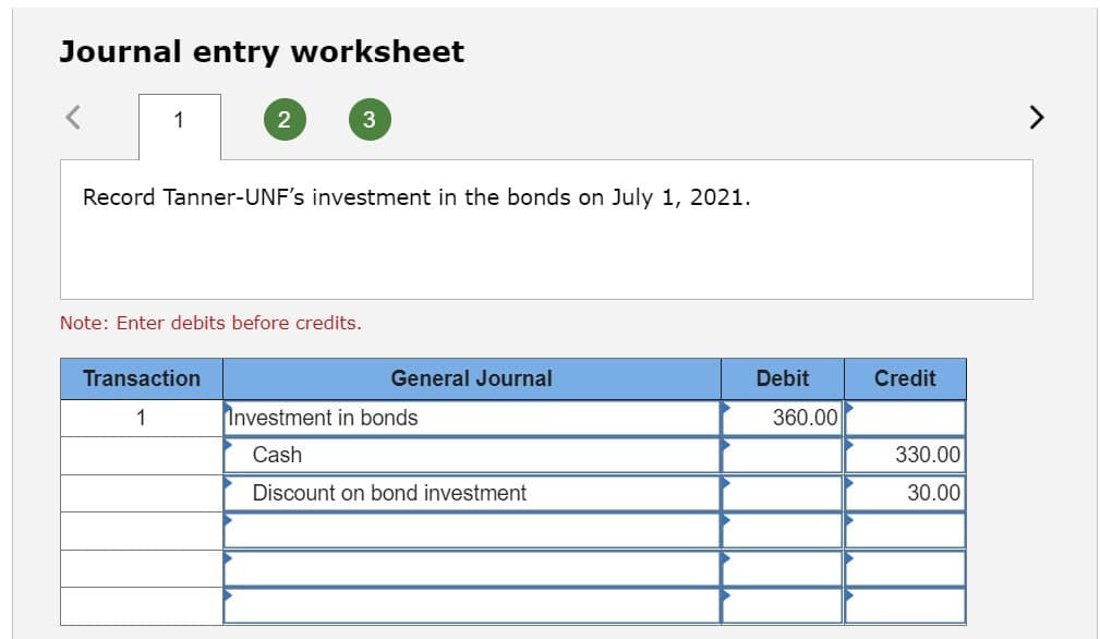 Journal entry worksheet
<
1
2
Record Tanner-UNF's investment in the bonds on July 1, 2021.
Note: Enter debits before credits.
Transaction
1
3
General Journal
Investment in bonds
Cash
Discount on bond investment
Debit
360.00
Credit
330.00
30.00
