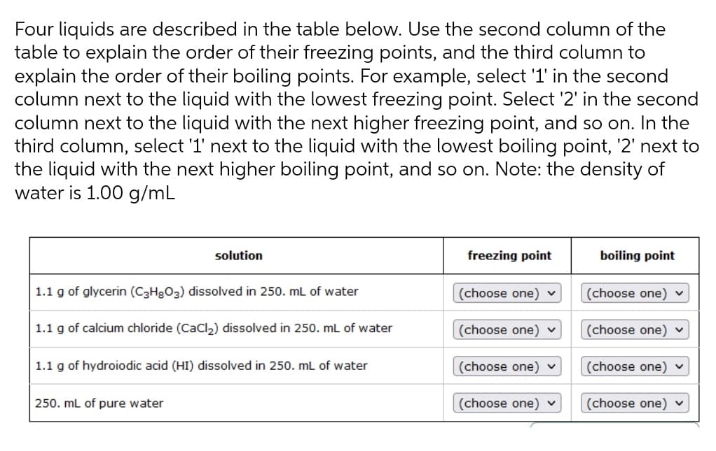 Four liquids are described in the table below. Use the second column of the
table to explain the order of their freezing points, and the third column to
explain the order of their boiling points. For example, select '1' in the second
column next to the liquid with the lowest freezing point. Select '2' in the second
column next to the liquid with the next higher freezing point, and so on. In the
third column, select '1' next to the liquid with the lowest boiling point, '2' next to
the liquid with the next higher boiling point, and so on. Note: the density of
water is 1.00 g/mL
solution
freezing point
boiling point
1.1 g of glycerin (C3H3O3) dissolved in 250. mL of water
(choose one) v
(choose one)
1.1 g of calcium chloride (CaCl,) dissolved in 250. mL of water
(choose one) v
(choose one) v
1.1 g of hydroiodic acid (HI) dissolved in 250. mL of water
(choose one) v
(choose one) v
250. mL of pure water
(choose one) v
(choose one)
