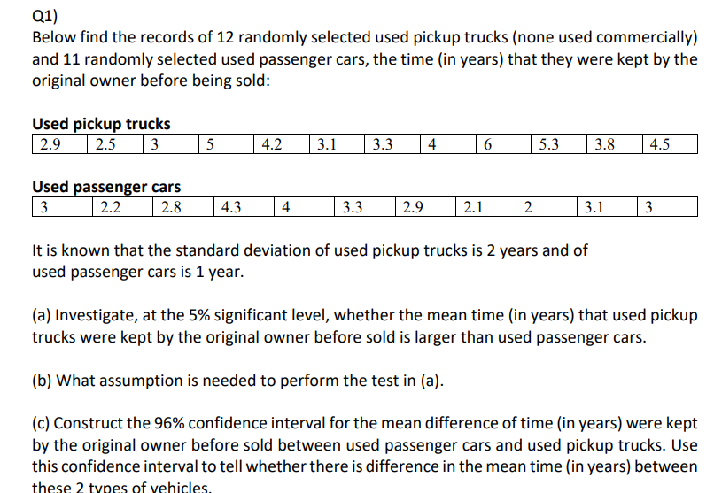 Q1)
Below find the records of 12 randomly selected used pickup trucks (none used commercially)
and 11 randomly selected used passenger cars, the time (in years) that they were kept by the
original owner before being sold:
Used pickup trucks
| 3
| 2.5
2.9
5
4.2
3.1
3.3
4
5.3
3.8
4.5
Used passenger cars
| 2.2
3
2.8
4.3
4
3.3
2.9
2.1
2
3.1
3
It is known that the standard deviation of used pickup trucks is 2 years and of
used passenger cars is 1 year.
(a) Investigate, at the 5% significant level, whether the mean time (in years) that used pickup
trucks were kept by the original owner before sold is larger than used passenger cars.
(b) What assumption is needed to perform the test in (a).
(c) Construct the 96% confidence interval for the mean difference of time (in years) were kept
by the original owner before sold between used passenger cars and used pickup trucks. Use
this confidence interval to tell whether there is difference in the mean time (in years) between
these 2 tynes of yehisles.
