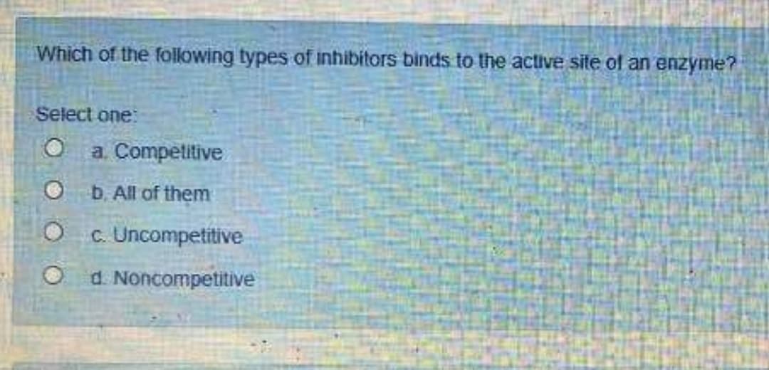 Which of the folowing types of inhibitors binds to the active site of an enzyme?
Select one:
a. Competitive
b. All of them
C. Uncompetitive
O d. Noncompetitive

