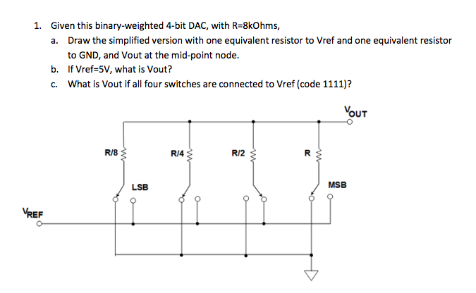 1. Given this binary-weighted 4-bit DAC, with R=8kOhms,
a. Draw the simplified version with one equivalent resistor to Vref and one equivalent resistor
to GND, and Vout at the mid-point node.
b. If Vref=5V, what is Vout?
c. What is Vout if all four switches are connected to Vref (code 1111)?
VoUT
R/8
R/4
R/2
R
LSB
MSB
VREF
