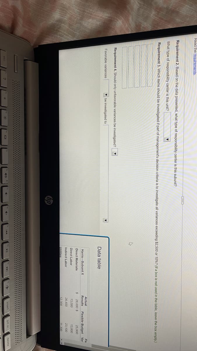 Read the requirements.
(...)
Requirement 2. Based on the data presented, what type of responsibility center i
this subunit?
What type of responsibility center is this unit?
Requirement 3. Which items should be investigated if part of management's decision criteria is to investigate all variances exceeding $2,500 or 10% ? (If a box is not used in the table, leave the box empty.)
4
Requirement 4. Should only unfavorable variances be investigated?
Favorable variances
be investigated to
Actual
Fle
Results Flexible Budget Var
28,000 $
25,900
13,000
13,800
26,400
12,300
Data table
Harris-Subunit X
Direct Materials
Direct Labor
Indirect Labor
insert
23,100
11,300
prt sc