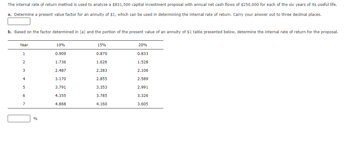 The internal rate of return method is used to analyze a $831,500 capital investment proposal with annual net cash flows of $250,000 for each of the six years of its useful life.
a. Determine a present value factor for an annuity of $1, which can be used in determining the internal rate of return. Carry your answer out to three decimal places.
b. Based on the factor determined in (a) and the portion of the present value of an annuity of $1 table presented below, determine the internal rate of return for the proposal.
Year
10%
15%
20%
1
0.909
0.870
0.833
1.736
1.626
1.528
3
2.487
2.283
2.106
4
3.170
2.855
2.589
5
3.791
3.353
2.991
6
4.355
3.785
3.326
7
4.868
4.160
3.605
%
