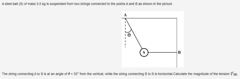 A steel ball (S) of mass 3.5 kg is suspended from two strings connected to the points A and B as shown in the picture
S
В
The string connecting A to S is at an angle of 0 = 33° from the vertical, while the string connecting B to S is horizontal.Calculate the magnitude of the tension TBS-

