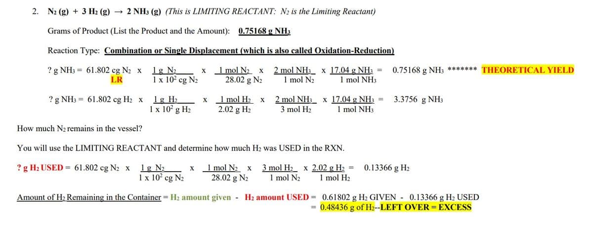 2.
N2 (g) + 3 H₂(g) → 2 NH3 (g) (This is LIMITING REACTANT: N₂ is the Limiting Reactant)
Grams of Product (List the Product and the Amount): 0.75168 g NH3
Reaction Type: Combination or Single Displacement (which is also called Oxidation-Reduction)
? g NH3 = 61.802 cg N₂ x 1g N₂
2 mol NH3 x 17.04 g NH3 =
1 mol N₂
1 mol NH3
LR
? g NH3 = 61.802 cg H₂ x
How much N₂ remains in the vessel?
1 x 10² cg N₂
1 g H₂
1 x 10² g H₂
X
X
1 mol N₂ x
28.02 g N₂
1 mol H₂
2.02 g H₂
x
2 mol NH3 x 17.04 g NH3 =
3 mol H₂
1 mol NH3
You will use the LIMITING REACTANT and determine how much H₂ was USED in the RXN.
=
0.75168 g NH3 *****
0.75168 g NH3
=
3.3756 g NH3
? g H₂ USED = 61.802 cg N₂ x 1g N₂
x 1 mol N₂ x 3 mol H₂ x 2.02 g H₂
1 x 10² cg N₂ 28.02 g N₂ 1 mol N₂ 1 mol H₂
Amount of H₂ Remaining in the Container = H₂ amount given - H₂ amount USED= 0.61802 g H₂ GIVEN - 0.13366 g H₂ USED
0.48436 g of H2--LEFT OVER = EXCESS
******* THEORETICAL YIELD
0.13366 g H₂