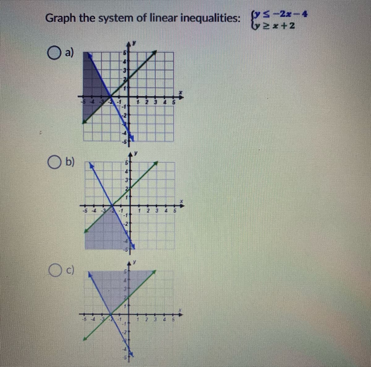 Graph the system of linear inequalities:
fys-2x-4
a)
41
31
-1
-1
-2
b)
31
-1
-1
-21
-5.4
