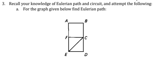 3. Recall your knowledge of Eulerian path and circuit, and attempt the following:
a. For the graph given below find Eulerian path:
A
E
D
