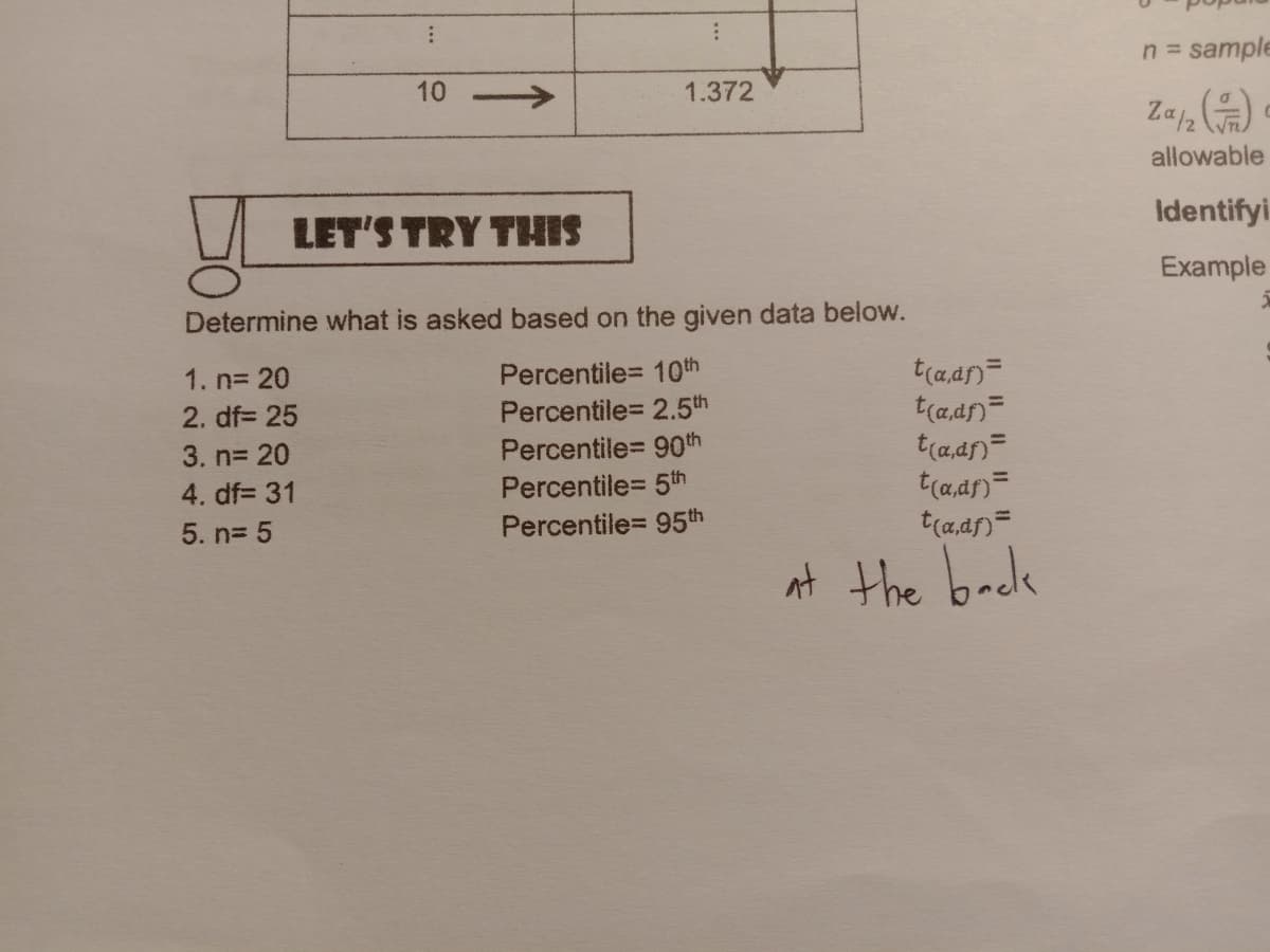 n sample
10 >
1.372
allowable
Identifyi
LET'S TRY THIS
Example
Determine what is asked based on the given data below.
Percentile= 10th
Percentile= 2.5th
Percentile= 90th
Percentile= 5th
t(a,an=
t(a,af)=
t(a,an=
t(a,ar)=
t(a,af)=
1. n= 20
2. df= 25
3. n= 20
4. df= 31
5. n= 5
Percentile= 95th
at the back
