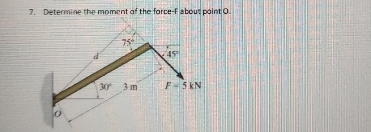 7. Determine the moment of the force-F about point O.
75
45
30
3 m
F=5 kN
