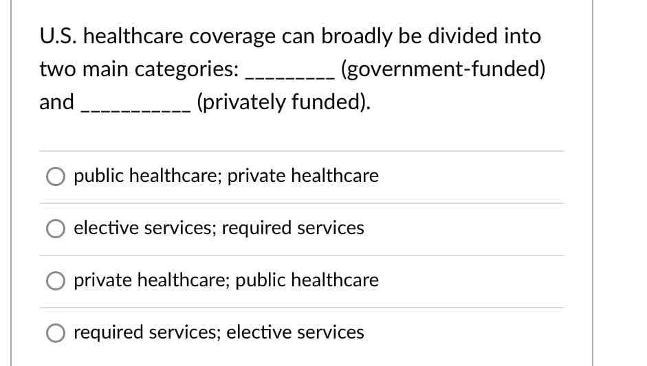 U.S. healthcare coverage can broadly be divided into
two main categories:
(government-funded)
and
(privately funded).
public healthcare; private healthcare
elective services; required services
private healthcare; public healthcare
required services; elective services
