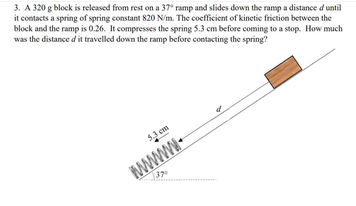 3. A 320 g block is released from rest on a 37° ramp and slides down the ramp a distance d until
it contacts a spring of spring constant 820 N/m. The coefficient of kinetic friction between the
block and the ramp is 0.26. It compresses the spring 5.3 cm before coming to a stop. How much
was the distance d it travelled down the ramp before contacting the spring?
5.3 cm
WWWW-
|37°
