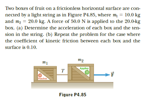 Two boxes of fruit on a frictionless horizontal surface are con-
nected by a light string as in Figure P4.85, where m = 10.0 kg
and mą = 20.0 kg. A force of 50.0 N is applied to the 20.0-kg
box. (a) Determine the acceleration of each box and the ten-
sion in the string. (b) Repeat the problem for the case where
the coefficient of kinetic friction between each box and the
surface is 0.10.
то
тi
Apples
Peaches
Figure P4.85
