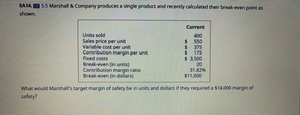 EA14. 3.5 Marshall & Company produces a single product and recently calculated their break-even point as
shown.
Current
Units sold
Sales price per unit
Variable cost per unit
Contribution margin per unit
Fixed costs
Break-even (in units)
Contribution margin ratio
Break-even (in dollars)
400
550
375
175
$ 3,500
20
31.82%
$11,000
What would Marshall's target margin of safety be in units and dollars if they required a $14,000 margin of
safety?
%24
