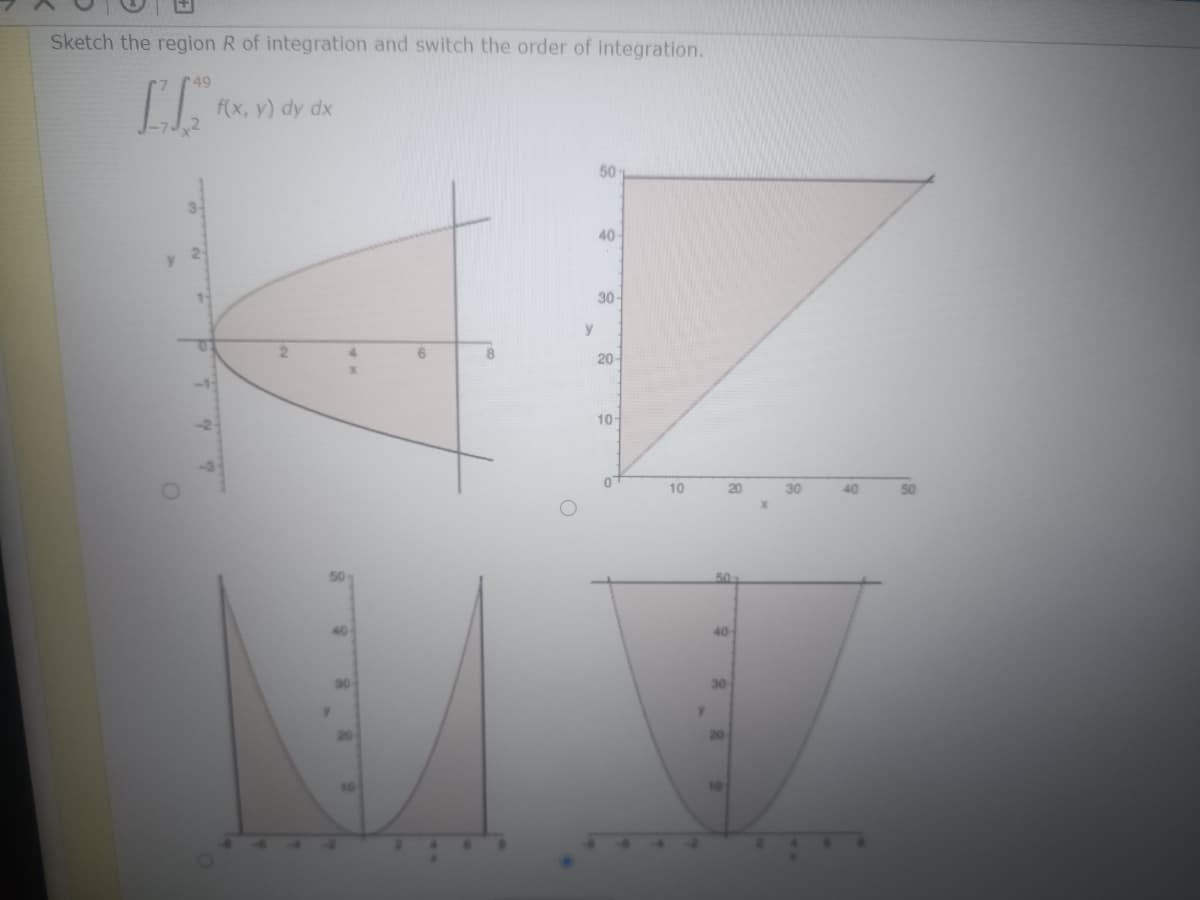 Sketch the region R of integration and switch the order of integration.
49
f(x, y) dy dx
50
40
y 2
30-
y
20-
10-
10
20
40
50
50
50
40
40-
30
30
20
20
