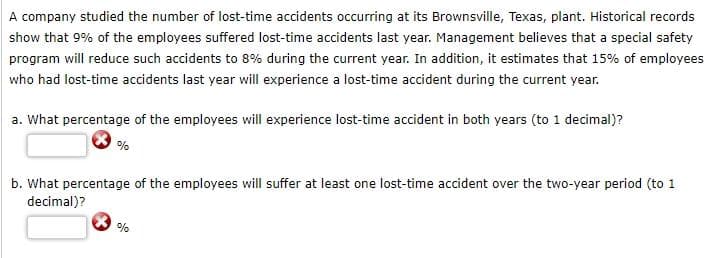 A company studied the number of lost-time accidents occurring at its Brownsville, Texas, plant. Historical records
show that 9% of the employees suffered lost-time accidents last year. Management believes that a special safety
program will reduce such accidents to 8% during the current year. In addition, it estimates that 15% of employees
who had lost-time accidents last year will experience a lost-time accident during the current year.
a. What percentage of the employees will experience lost-time accident in both years (to 1 decimal)?
b. What percentage of the employees will suffer at least one lost-time accident over the two-year period (to 1
decimal)?
%
