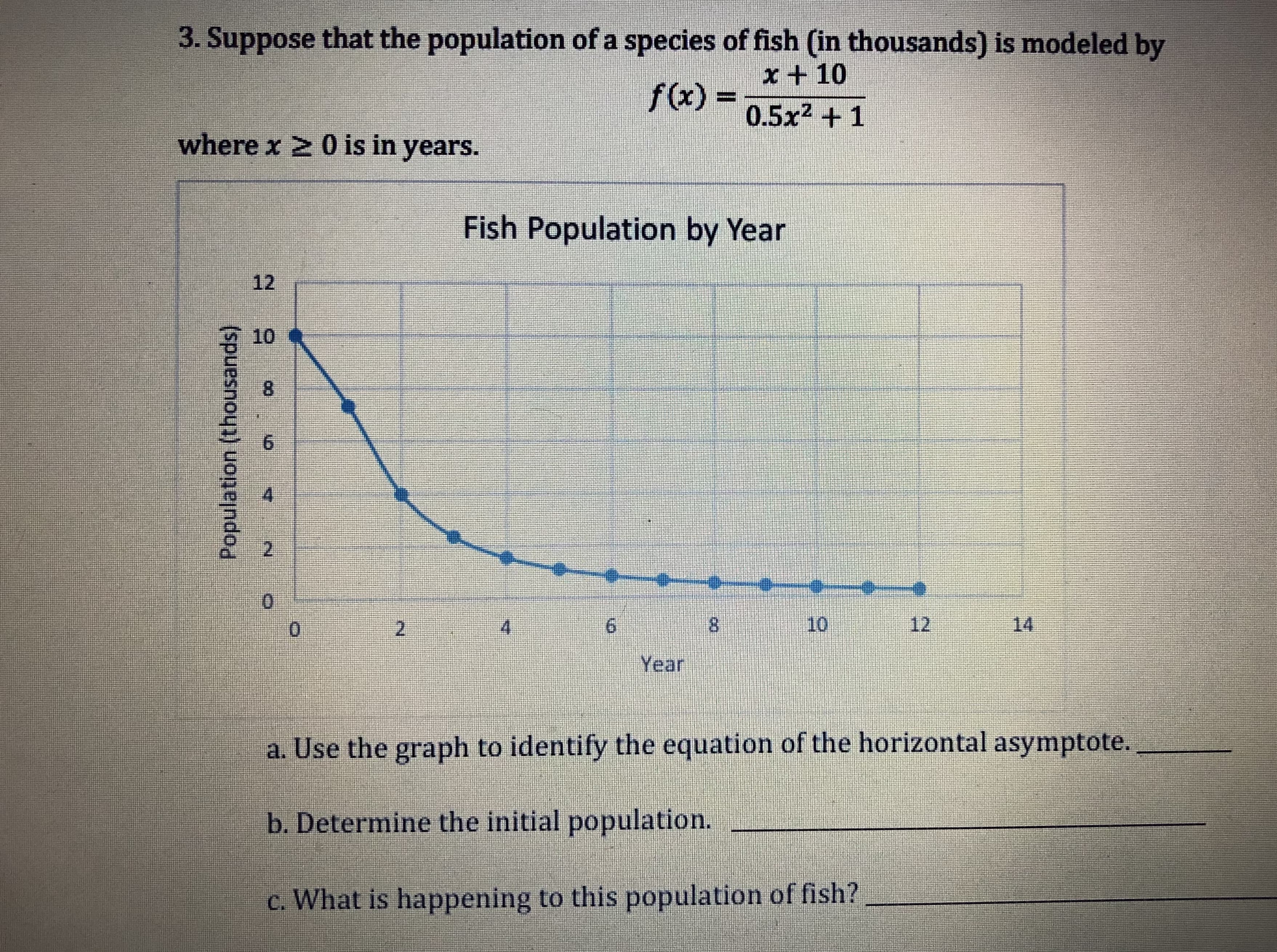 3. Suppose that the population of a species of fish (in thousands) is modeled by
x 10
0.5x 1
f(x) =
where x 2 0 is in years.
Fish Population by Year
12
10
0
10
12
14
Year
a. Use the graph to identify the equation of the horizontal asymptote.
b. Determine the initial population.
c. What is happening to this population of fish?

