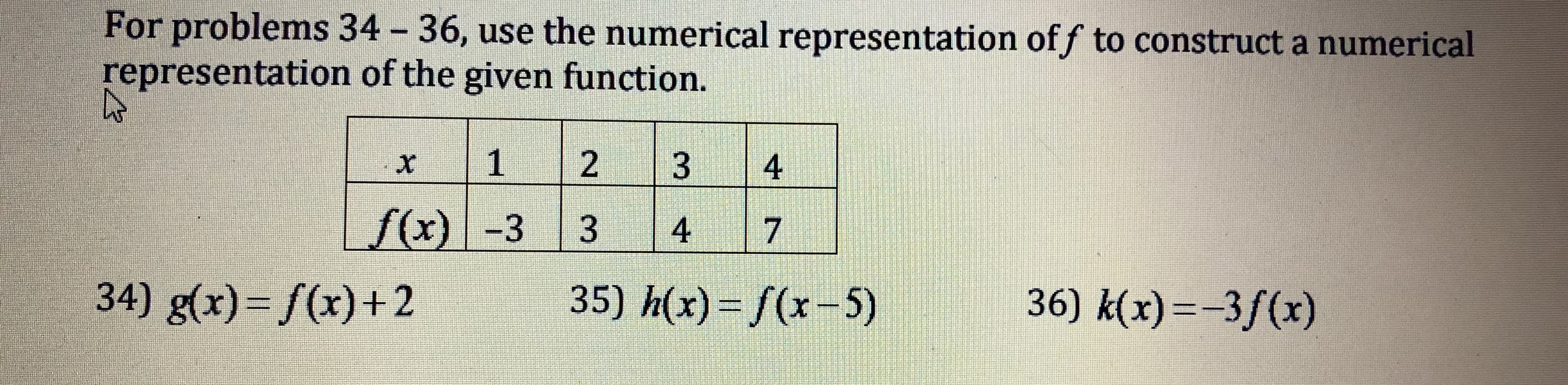 For problems 34 -36, use the numerical representation of f to construct a numerical
representation of the given function.
34) g(x) /(x)+2
35) h(x)-/(x -5)
36) k(x)--3f(x)
