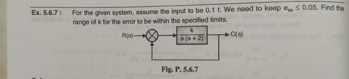 For the given system, assume the input to be 0.1 t. We need to keep ess <0.05. Find the
range of k for the error to be within the specified limits.
Ex. 5.6.7:
R(s)
s (s+2)
C(s)
Fig. P. 5.6.7
