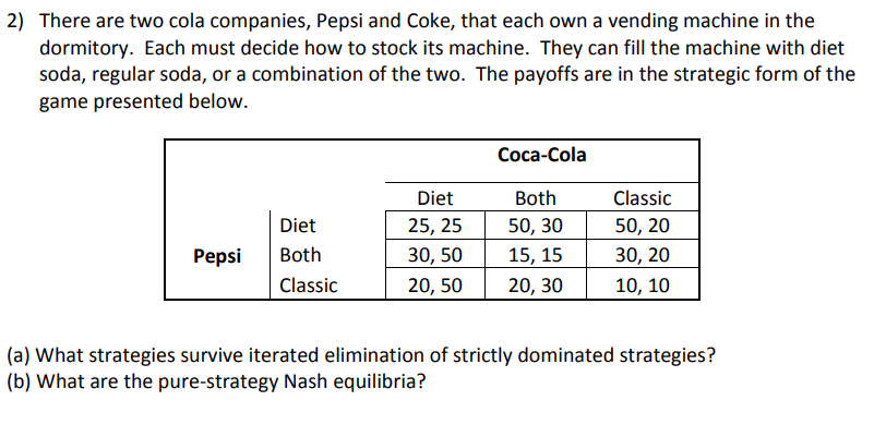 2) There are two cola companies, Pepsi and Coke, that each own a vending machine in the
dormitory. Each must decide how to stock its machine. They can fill the machine with diet
soda, regular soda, or a combination of the two. The payoffs are in the strategic form of the
game presented below.
Соса-Cola
Diet
Both
Classic
Diet
25, 25
50, 30
50, 20
Реpsi
Both
30, 50
15, 15
30, 20
Classic
20, 50
20, 30
10, 10
(a) What strategies survive iterated elimination of strictly dominated strategies?
(b) What are the pure-strategy Nash equilibria?
