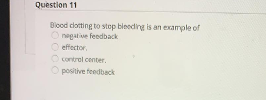 Blood clotting to stop bleeding is an example of
O negative feedback
effector.
O control center.
O positive feedback
