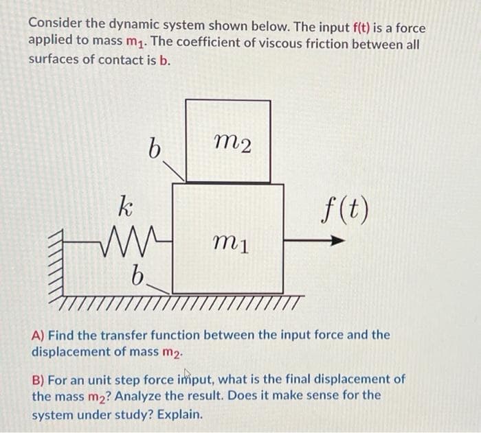 Consider the dynamic system shown below. The input f(t) is a force
applied to mass m1. The coefficient of viscous friction between all
surfaces of contact is b.
m2
k
f (t)
m1
b.
A) Find the transfer function between the input force and the
displacement of mass m2.
B) For an unit step force imput, what is the final displacement of
the mass m2? Analyze the result. Does it make sense for the
system under study? Explain.

