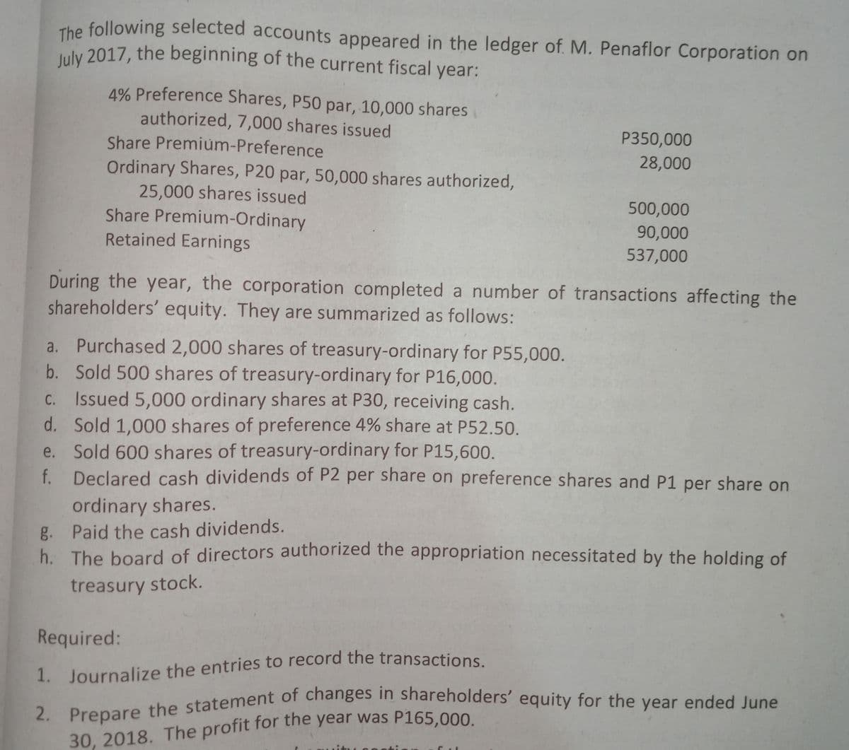 1. Journalize the entries to record the transactions.
2. Prepare the statement of changes in shareholders' equity for the year ended June
July 2017, the beginning of the current fiscal year:
The following selected accounts appeared in the ledger of. M. Penaflor Corporation on
luly 2017, the beginning of the current fiscal year:
4% Preference Shares, P50 par, 10,000 shares
authorized, 7,000 shares issued
Share Premiúm-Preference
P350,000
Ordinary Shares, P20 par, 50,000 shares authorized,
28,000
25,000 shares issued
Share Premium-Ordinary
Retained Earnings
500,000
90,000
537,000
During the year, the corporation completed a number of transactions affecting the
shareholders' equity. They are summarized as follows:
a. Purchased 2,000 shares of treasury-ordinary for P55,000.
b. Sold 500 shares of treasury-ordinary for P16,000.
C. Issued 5,000 ordinary shares at P30, receiving cash.
d. Sold 1,000 shares of preference 4% share at P52.50.
e. Sold 600 shares of treasury-ordinary for P15,600.
Declared cash dividends of P2 per share on preference shares and P1 per share on
ordinary shares.
g. Paid the cash dividends.
h. The board of directors authorized the appropriation necessitated by the holding of
treasury stock.
Required:
f.
