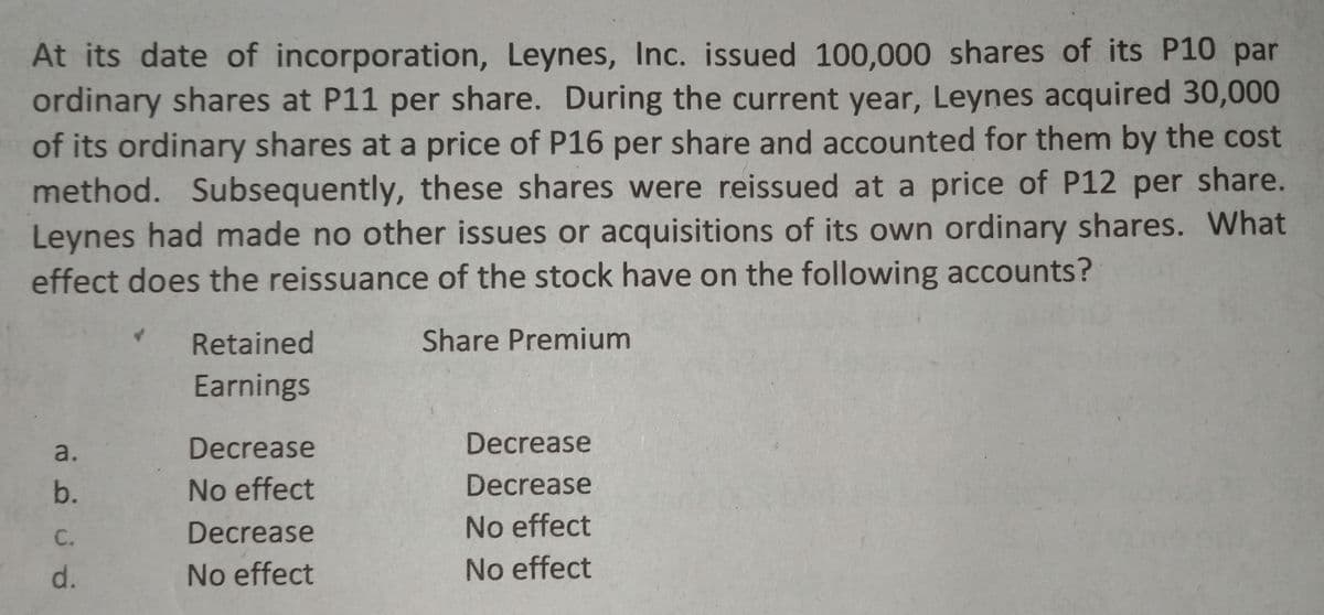 At its date of incorporation, Leynes, Inc. issued 100,000 shares of its P10 par
ordinary shares at P11 per share. During the current year, Leynes acquired 30,000
of its ordinary shares at a price of P16 per share and accounted for them by the cost
method. Subsequently, these shares were reissued at a price of P12 per share.
Leynes had made no other issues or acquisitions of its own ordinary shares. What
effect does the reissuance of the stock have on the following accounts?
4.
Retained
Share Premium
Earnings
a.
Decrease
Decrease
b.
No effect
Decrease
Decrease
No effect
C.
d.
No effect
No effect

