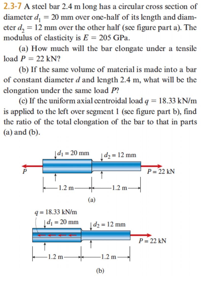 (c) If the uniform axial centroidal load q = 18.33 kN/m
is applied to the left over segment 1 (see figure part b), find
the ratio of the total elongation of the bar to that in parts
(a) and (b).

