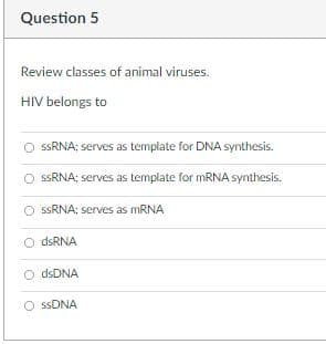 Question 5
Review classes of animal viruses.
HIV belongs to
O SSRNA; serves as template for DNA synthesis.
SSRNA; serves as template for MRNA synthesis.
O SSRNA: serves as mRNA
O dsRNA
O dsDNA
O SSDNA
