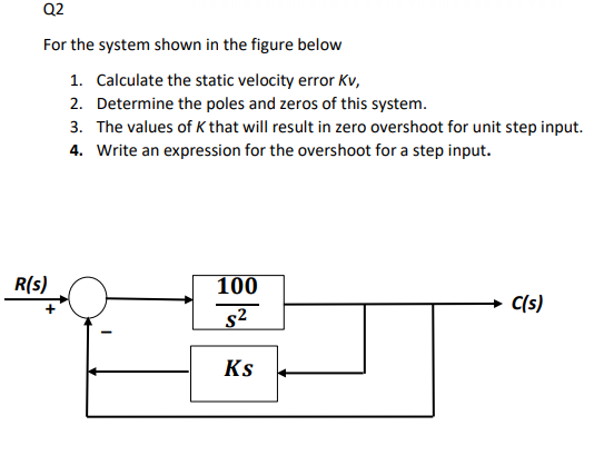 Q2
For the system shown in the figure below
1. Calculate the static velocity error Kv,
2. Determine the poles and zeros of this system.
3. The values of K that will result in zero overshoot for unit step input.
4. Write an expression for the overshoot for a step input.
R(s)
100
C(s)
s2
Ks
