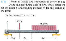 8-48 A beam is loaded and supported as shown in Fig.
Using the coordinate axes shown, write equations
tor the shear V and bending moment M for any section of
the beam
In the interval 0 <x<2 m.
30 kN
45 kN/m
2m
2 m
4 m
