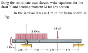 Using the coordinate axes shown, write equations for the
shear V and bending moment M for any section
In the interval 0 sxs4 m of the beam shown in
Fig.
36 kN
18 kN/m
9 kN-m
-2 m
4 m
-2 m
4 m
