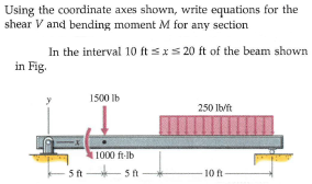 Using the coordinate axes shown, write equations for the
shear V and bending moment M for any section
In the interval 10 ft sxs 20 ft of the beam shown
in Fig.
1500 Ib
250 Ib/ft
11000 ft-lb
10 ft-
