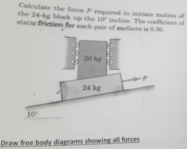 Calculate the force P required to initiate motion of
the 24-kg block up the 10 incline. The coefficient of
static friction for each pair of surfaces is 0.30.
20 kg
24 kg
10
Draw free body diagrams showing all forces
