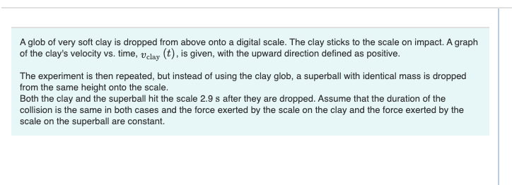 A glob of very soft clay is dropped from above onto a digital scale. The clay sticks to the scale on impact. A graph
of the clay's velocity vs. time, velay (t), is given, with the upward direction defined as positive.
The experiment is then repeated, but instead of using the clay glob, a superball with identical mass is dropped
from the same height onto the scale.
Both the clay and the superball hit the scale 2.9 s after they are dropped. Assume that the duration of the
collision is the same in both cases and the force exerted by the scale on the clay and the force exerted by the
scale on the superball are constant.
