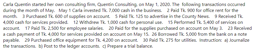 Carla Quentin started her own consulting firm, Quentin Consulting, on May 1, 2020. The following transactions occurred
during the month of May. May 1 Carla invested Tk. 7,000 cash in the business. 2 Paid Tk. 900 for office rent for the
month. 3 Purchased Tk. 600 of supplies on account. 5 Paid Tk. 125 to advertise in the County News. 9 Received Tk.
4,000 cash for services provided. 12 Withdrew Tk. 1,000 cash for personal use. 15 Performed Tk. 5,400 of services on
account. 17 Paid Tk. 2,500 for employee salaries. 20 Paid for the supplies purchased on account on May 3. 23 Received
a cash payment of Tk. 4,000 for services provided on account on May 15. 26 Borrowed Tk. 5,000 from the bank on a note
payable. 29 Purchased office equipment for Tk. 4,200 on account. 30 Paid Tk. 275 for utilities. Instruction: a) Journalize
the transactions. b) Post to the ledger accounts. C) Prepare a trial balance.
