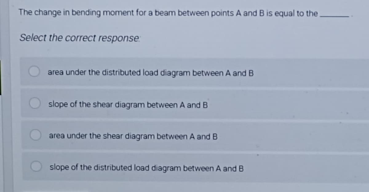 The change in bending moment for a beam between points A and B is equal to the
Select the correct response:
area under the distributed load diagram between A and B
slope of the shear diagram between A and B
area under the shear diagram between A and B
slope of the distributed load diagram between A and B
