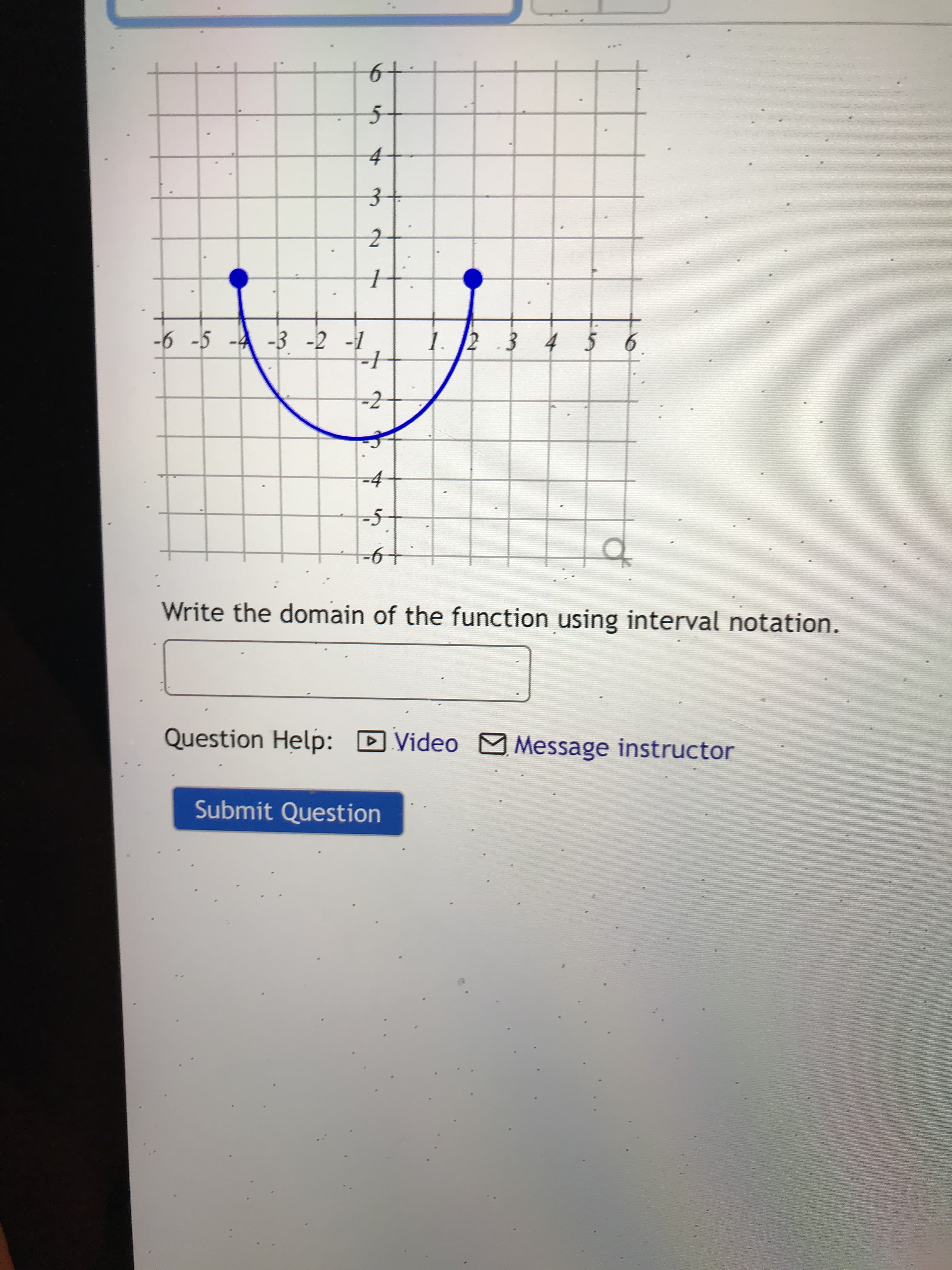 4.
1. 2 3 4 5 6
S- 9-
=4
tf
Write the domain of the function using interval notation.
Question Help: D Video M Message instructor
Submit Question
