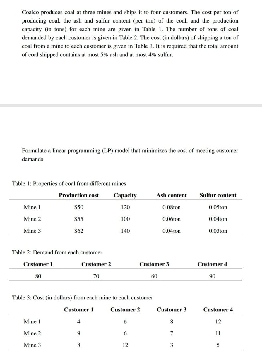 Coalco produces coal at three mines and ships it to four customers. The cost per ton of
producing coal, the ash and sulfur content (per ton) of the coal, and the production
capacity (in tons) for each mine are given in Table 1. The number of tons of coal
demanded by each customer is given in Table 2. The cost (in dollars) of shipping a ton of
coal from a mine to each customer is given in Table 3. It is required that the total amount
of coal shipped contains at most 5% ash and at most 4% sulfur.
Formulate a linear programming (LP) model that minimizes the cost of meeting customer
demands.
Table 1: Properties of coal from different mines
Production cost
Сараcity
Ash content
Sulfur content
Mine 1
$50
120
0.08ton
0.05ton
Mine 2
$55
100
0.06ton
0.04ton
Mine 3
$62
140
0.04ton
0.03ton
Table 2: Demand from each customer
Customer 1
Customer 2
Customer 3
Customer 4
80
70
60
90
Table 3: Cost (in dollars) from each mine to each customer
Customer 1
Customer 2
Customer 3
Customer 4
Mine 1
4
6.
8
12
Mine 2
9.
6.
7
11
Mine 3
8
12
3
