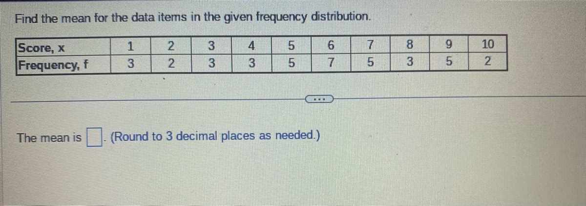 Find the mean for the data items in the given frequency distribution.
3
3
Score, x
Frequency, f
The mean is
1
3
2
2
4
3
5
5
(Round to 3 decimal places as needed.)
6
7
7
5
83
95
10
2