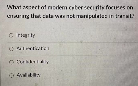 What aspect of modern cyber security focuses on
ensuring that data was not manipulated in transit?
O Integrity
O Authentication
O Confidentiality
O Availability