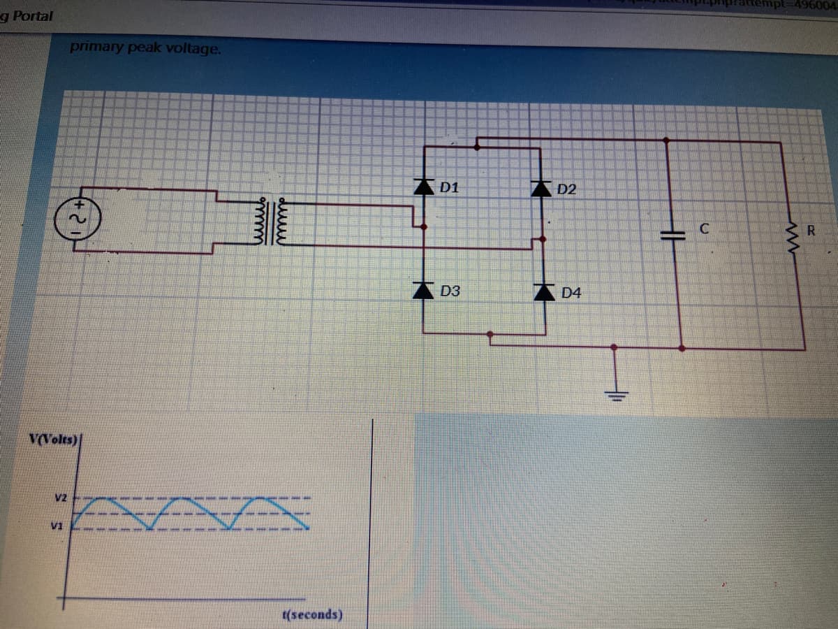 mpt3D496004
g Portal
primary peak voltage.
D1
D2
C
R
D3
D4
V(Volts)
v2
V1
(seconds)
