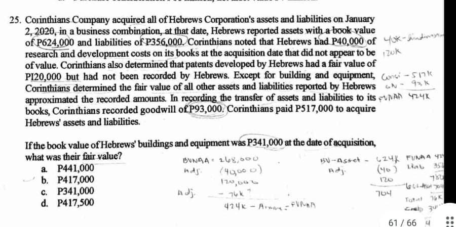 25. Corinthians Company acquired all of Hebrews Corporation's assets and liabilities on January
2, 2020, in a business combination, at that date, Hebrews reported assets with a book value
of P624,000 and liabilities of P356,000. Corinthians noted that Hebrews had P40.000 of 4ok-Jindi
research and development costs on its books at the acquisition date that did not appear to be 17wk
of value. Corinthians also determined that patents developed by Hebrews had a fair value of
PI20,000 but had not been recorded by Hebrews. Except for building and equipment, anei -517k
Corinthians determined the fair value of all other assets and liabilities reported by Hebrews N- 93K
approximated the recorded amounts. In recording the transfer of assets and liabilities to its VNAD 24K
books, Corinthians recorded goodwill of P93,000, Corinthians paid P517,000 to acquire
Hebrews' assets and liabilities.
If the book value of Hebrews' buildings and equipment was P341,000 at the date of acquisition,
what was their fair value?
a. P441,000
b. P417,000
c. P341,000
d. P417,500
BVNAA : 268,000
BU-Asset - 24K FUNA A 41
(40) Liab 5
nds.
(49000)
120
AJ.
704
424K - A FVMA
Totat K
61 / 66 4
