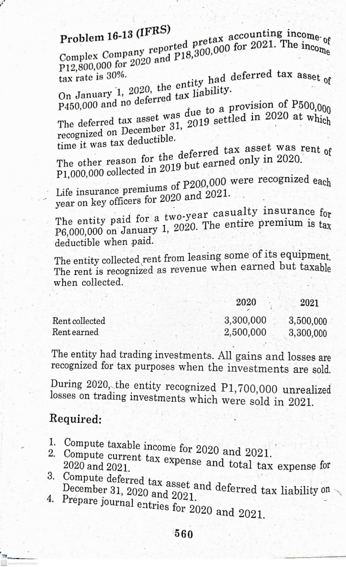 Problem 16-13 (IFRS)
tax rate is 30%.
P450,000 and no deferred tax liability.
provision of P500,000
The deferred tax asset was due to a
time it was tax deductible.
P1,000,000 collected in 2019 but earned only in 2020.
recognized each
Life insurance premiums of P200,000 were
year on key officers for 2020 and 2021.
The entity paid for a two-year casualty insurance for
P6,000,000 on January 1, 2020. The entire premium is tar
deductible when paid.
The entity collected rent from leasing some of its equipment.
The rent is recognized as revenue when earned but taxable
when collected.
2020
2021
3,300,000
2,500,000
3,500,000
3,300,000
Rent collected
Rent earned
The entity had trading investments. All gains and losses are
recognized for tax purposes when the investments are sold.
During 2020, the entity recognized P1,700,000 unrealized
losses on trading investments which were sold in 2021.
Required:
1. Compute taxable income for 2020 and 2021.
2. Compute current tax expense and total tax expense for
2020 and 2021.
3. Compute deferred tax asset and deferred tax liability on
December 31, 2020 and 2021.
4. Prépare journal entries for 2020 and 2021.
560
CS
Scanned with CamScanner
