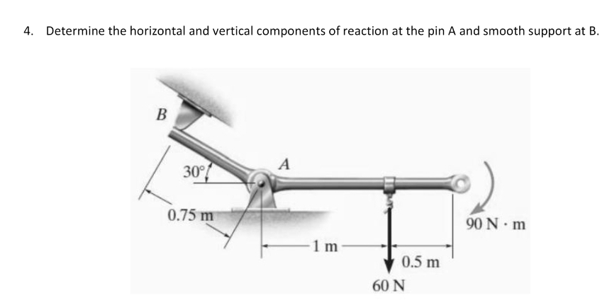 4. Determine the horizontal and vertical components of reaction at the pin A and smooth support at B.
В
A
30
0.75 m
90 N· m
1 m
0.5 m
60 N
