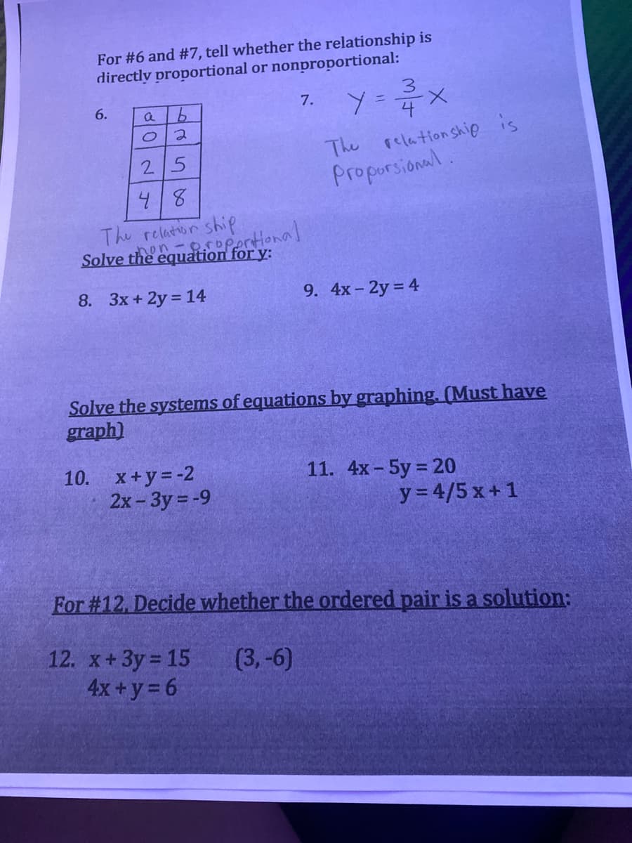 For #6 and #7, tell whether the relationship is
directly proportional or nonproportional:
3
6.
b.
7.
The relationship is
Proporsional.
2 5
48
The relation ship
Solve the equation for y:
8. 3x + 2y = 14
9. 4x- 2y = 4
Solve the systems of equations by graphing. (Must have
graph)
x +y = -2
2x - 3y = -9
11. 4x-5y 20
y = 4/5 x+ 1
10.
For #12, Decide whether the ordered pair is a solution:
12. x+3y 15
4x +y = 6
(3,-6)
