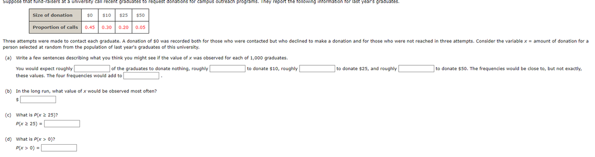 Suppose that fund-raisers at a university call recent graduates to request donations for campus outreach programs. They report the following information for last year's graduates.
Size of donation
$0
$10
$25
$50
Proportion of calls
0.45
0.30
0.20
0.05
Three attempts were made to contact each graduate. A donation of $o was recorded both for those who were contacted but who declined to make a donation and for those who were not reached in three attempts. Consider the variable x = amount of donation for a
person selected at random from the population of last year's graduates of this university.
(a) Write a few sentences describing what you think you might see if the value of x was observed for each of 1,000 graduates.
You would expect roughly
of the graduates to donate nothing, roughly
to donate $10, roughly
to donate $25, and roughly
to donate $50. The frequencies would be close to, but not exactly,
these values. The four frequencies would add to
(b) In the long run, what value of x would be observed most often?
(c) What is P(x 2 25)?
P(x 2 25) =
(d) What is P(x > 0)?
P(x > 0) = |
