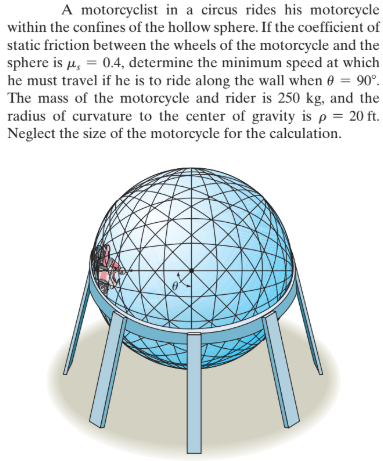 A motorcyclist in a circus rides his motorcycle
within the confines of the hollow sphere. If the coefficient of
static friction between the wheels of the motorcycle and the
sphere is µ, = 0.4, determine the minimum speed at which
he must travel if he is to ride along the wall when e = 90°.
The mass of the motorcycle and rider is 250 kg, and the
radius of curvature to the center of gravity is p = 20 ft.
Neglect the size of the motorcycle for the calculation.

