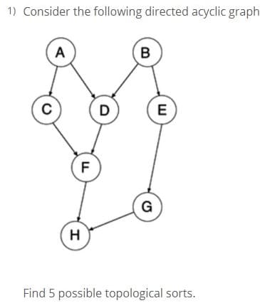 1) Consider the following directed acyclic graph
A
B
D
E
F
G
H
Find 5 possible topological sorts.
