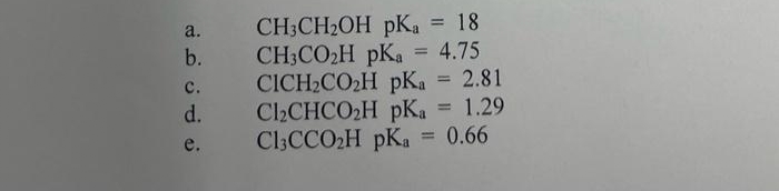 CH3CH₂OH pKa = 18
b. CH3CO₂H pka = 4.75
CICH₂CO₂H pKa = 2.81
Cl₂CHCO₂H pKa = 1.29
Cl3CCO₂H pKa = 0.66
a.
ن ن ن ن نے
C.
d.
e.